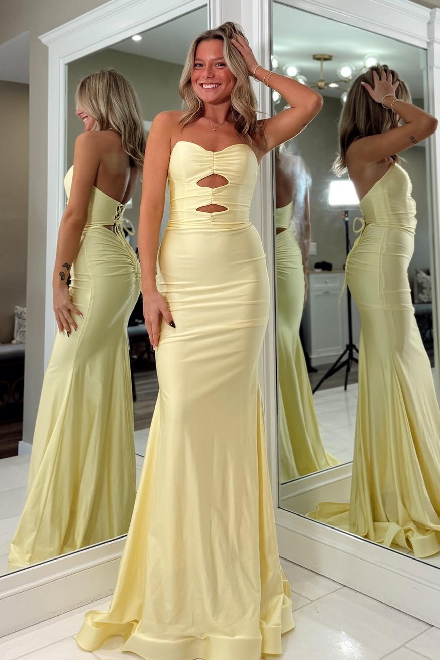 Dressystars Fashionable Mermaid Sweetheart Yellow Long Prom Dress With Keyhole Criss Cross Back Formal Evening Gown