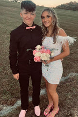 Feathered Black Homecoming Dresses Sequined Bodycon Cocktail Dresses