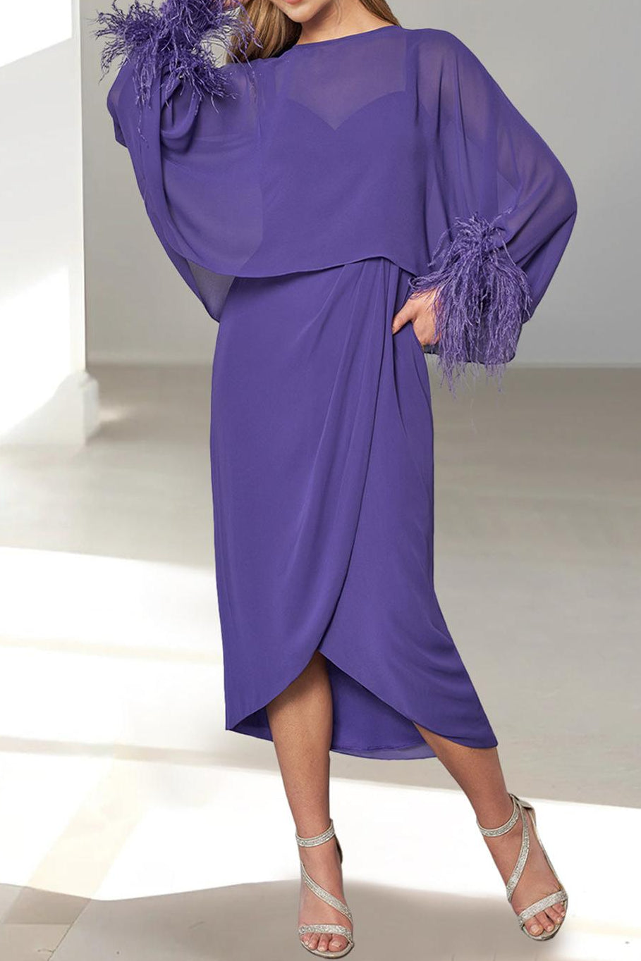 Feathered Jacket Tea-Length Mother of the Bride A-Line/Princess Dresses