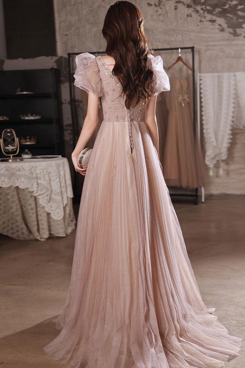 Flesh Pink Prom Dress Tulle Long Evening Dress
