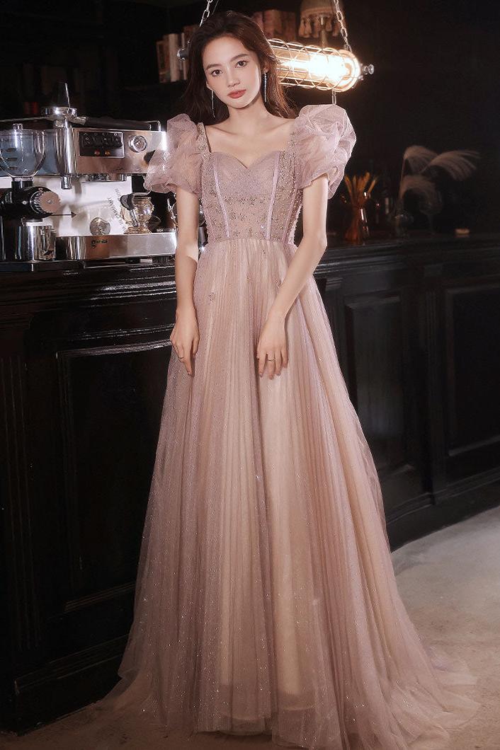 Flesh Pink Prom Dress Tulle Long Evening Dress