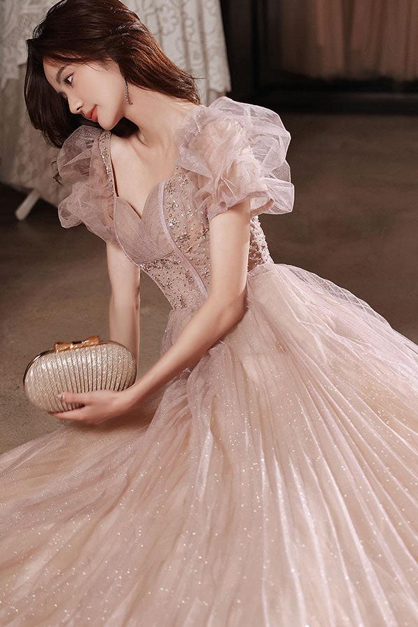 Flesh Pink Prom Dress Tulle Long Evening Dress