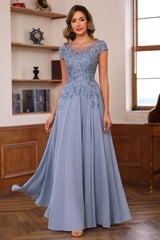 Floor-Length A-Line Mother of the Bride Dress with Scoop Neck and Short Sleeves Featuring Appliques
