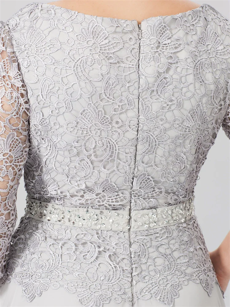 Floor-Length A-Line Princess Gown with Round Neck and 3/4 Sleeves Embellished with Applique & Sequins