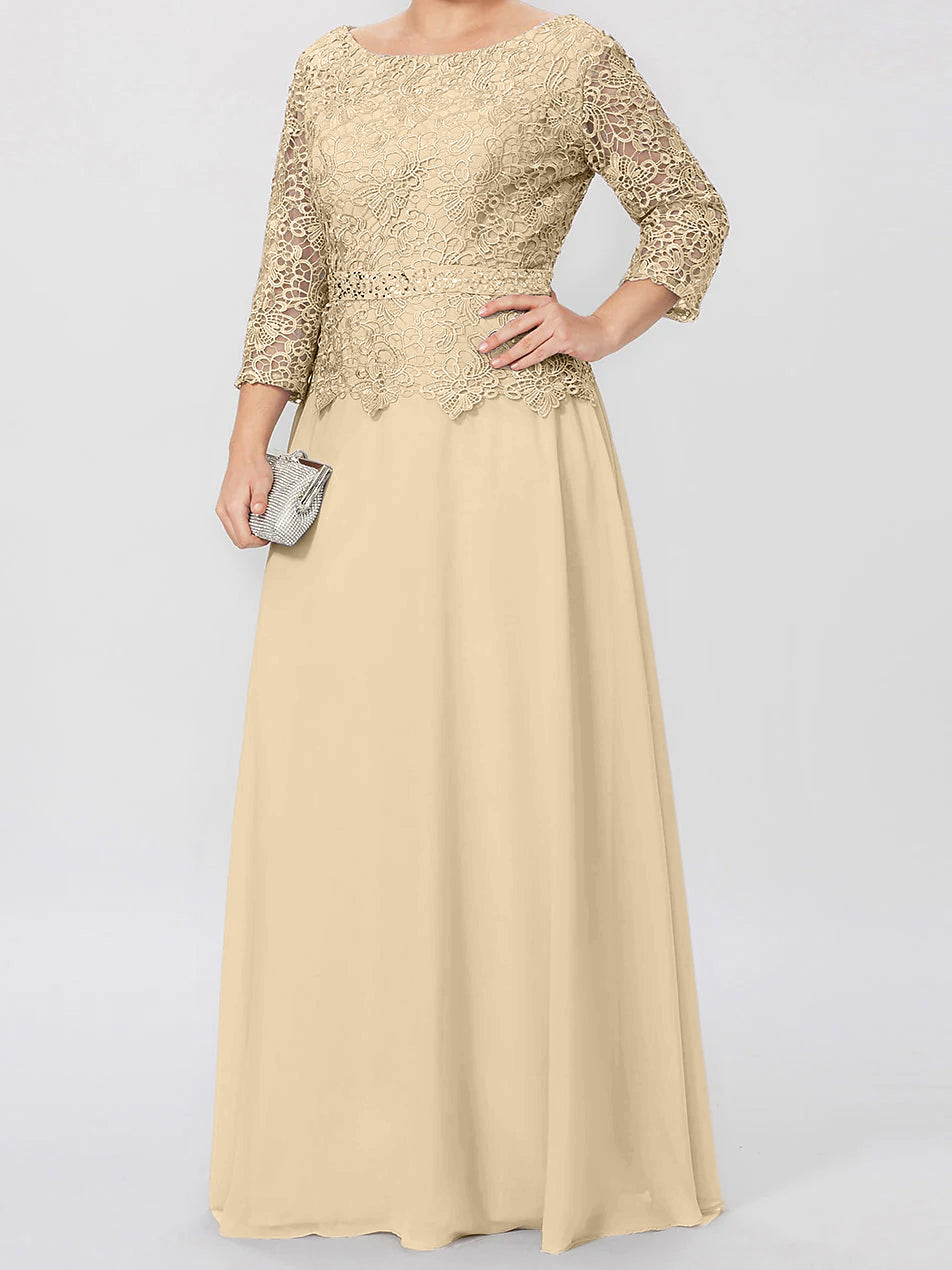 Floor-Length A-Line Princess Gown with Round Neck and 3/4 Sleeves Embellished with Applique & Sequins