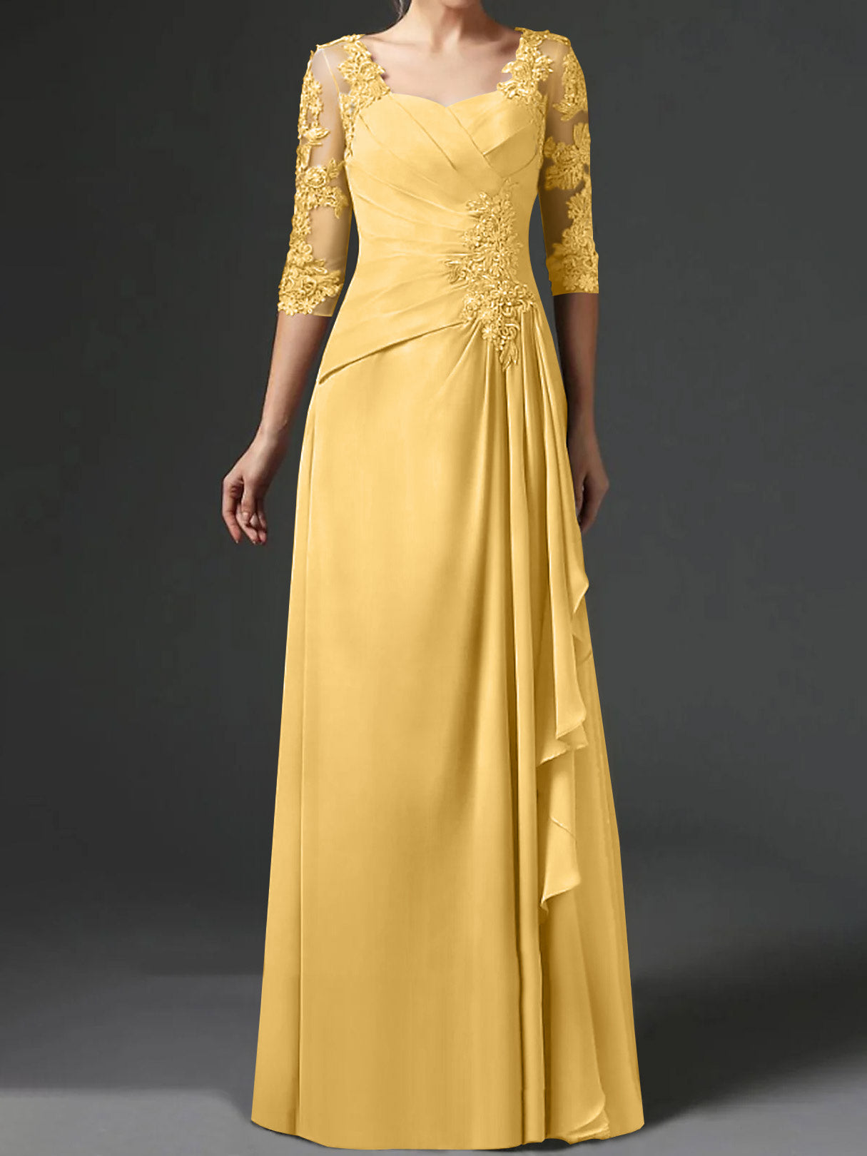 Floor-Length A-Line Princess Gown with Square Neck and Half Sleeves