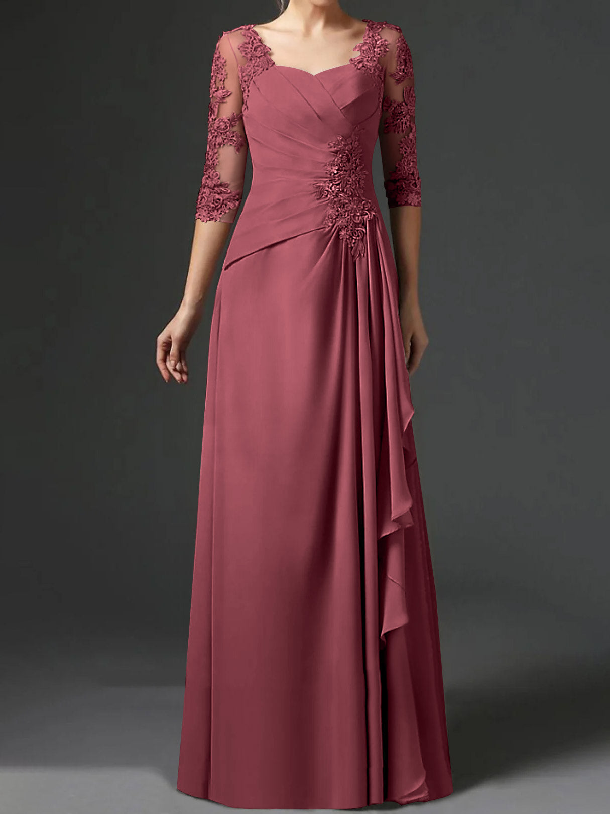 Floor-Length A-Line Princess Gown with Square Neck and Half Sleeves