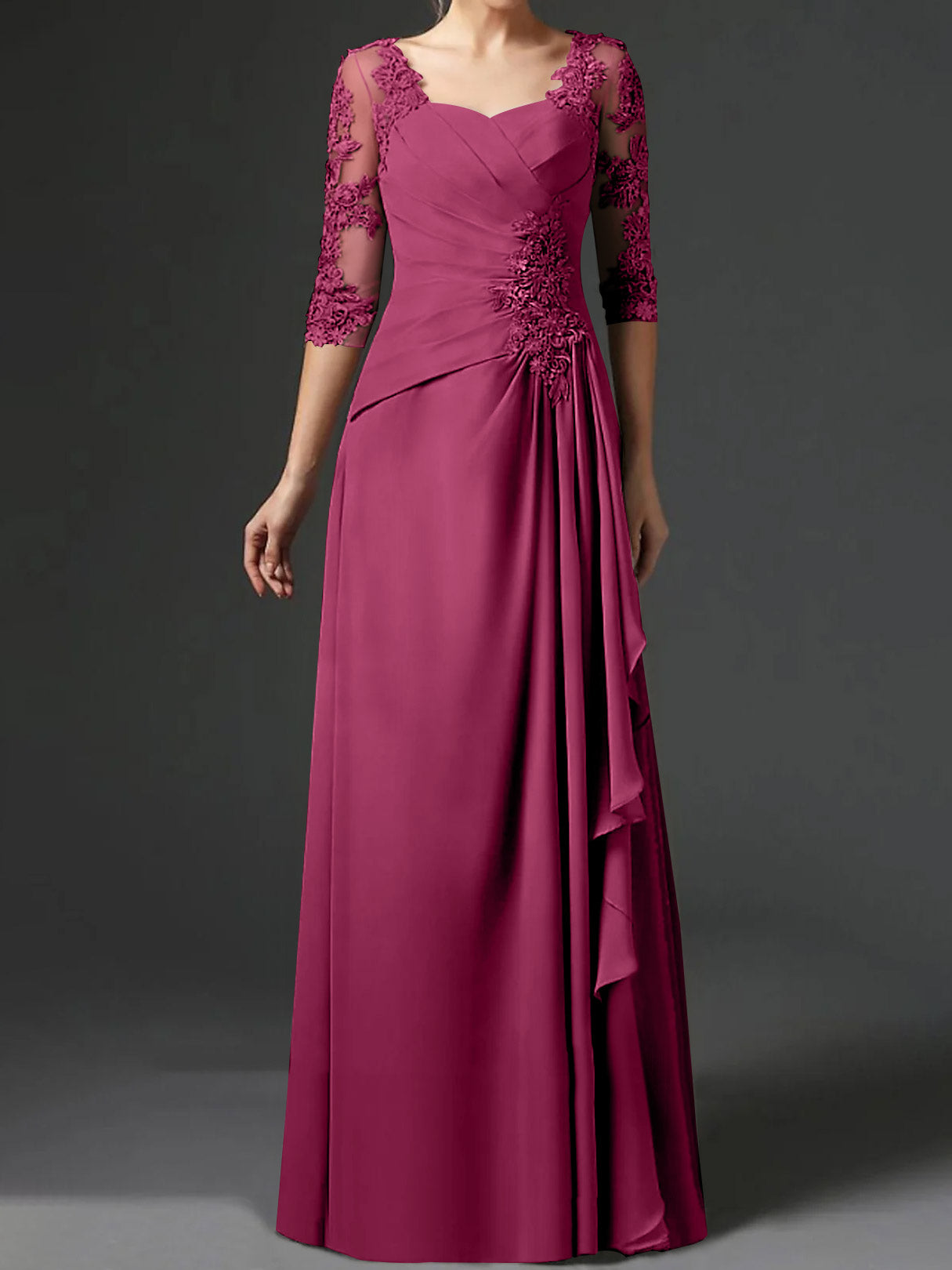 Floor-Length A-Line Princess Gown with Square Neck and Half Sleeves
