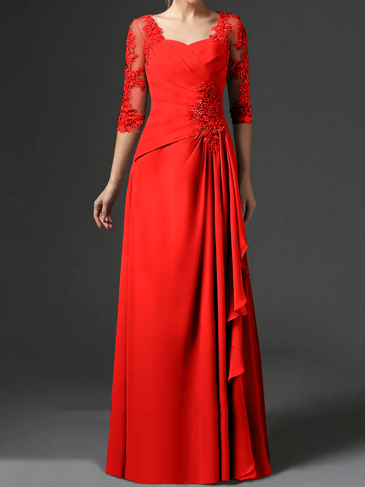 Floor-Length A-Line Princess Gown with Square Neck and Half Sleeves