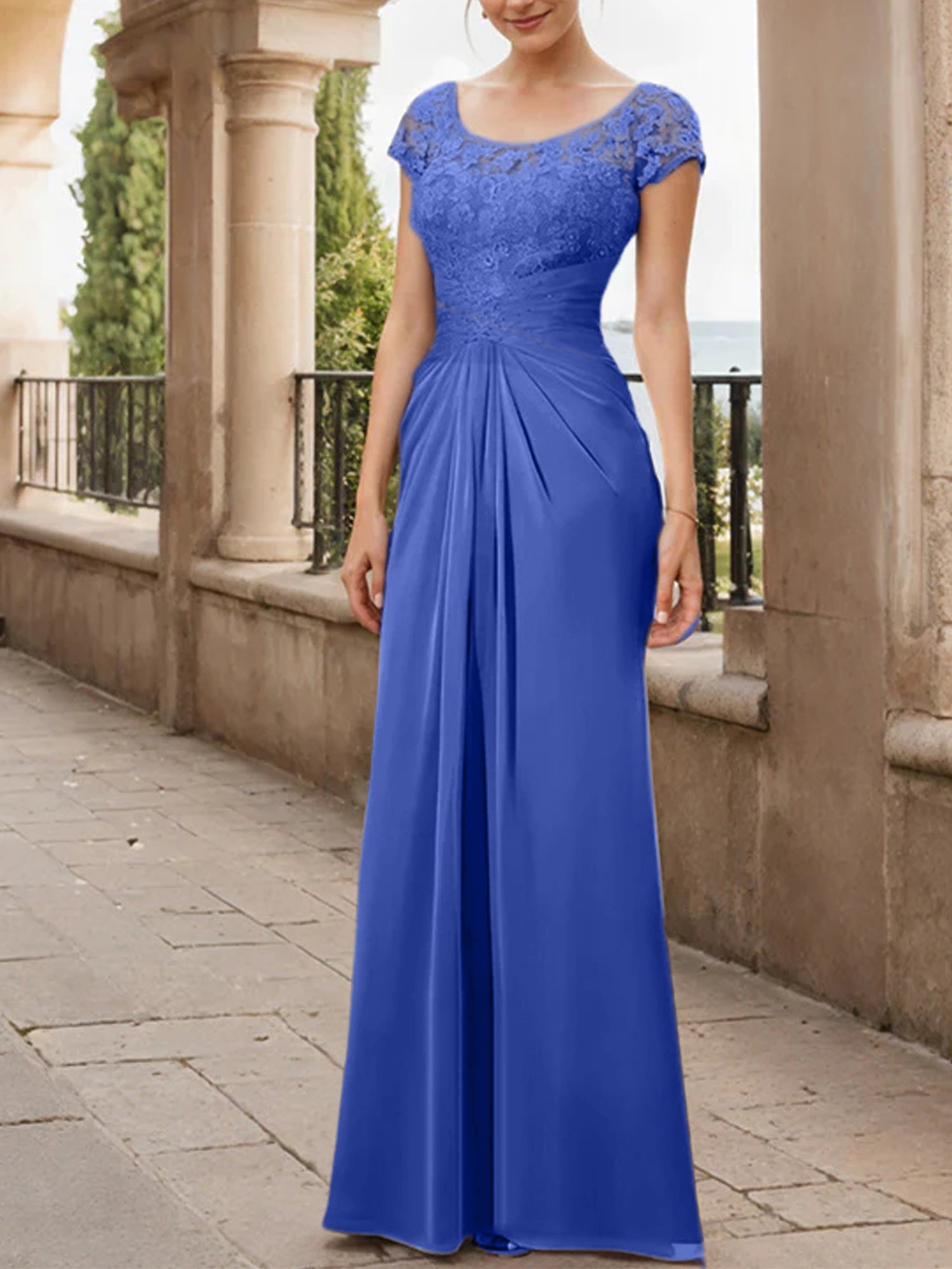 Floor-Length Chiffon Mother of the Bride Dress with Lace Ruffle and Sheath/Column Scoop