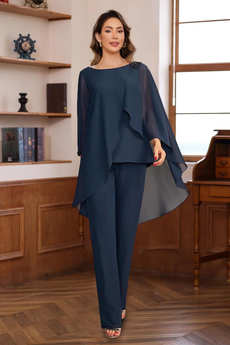 Floor-Length Chiffon Mother of the Bride Pantsuits with Ruffles Sequins and Beading - 2 Pieces