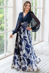 Floor-Length Floral Mother of the Bride Princess V-Neck A-Line Dress With Long Sleeves and Flower