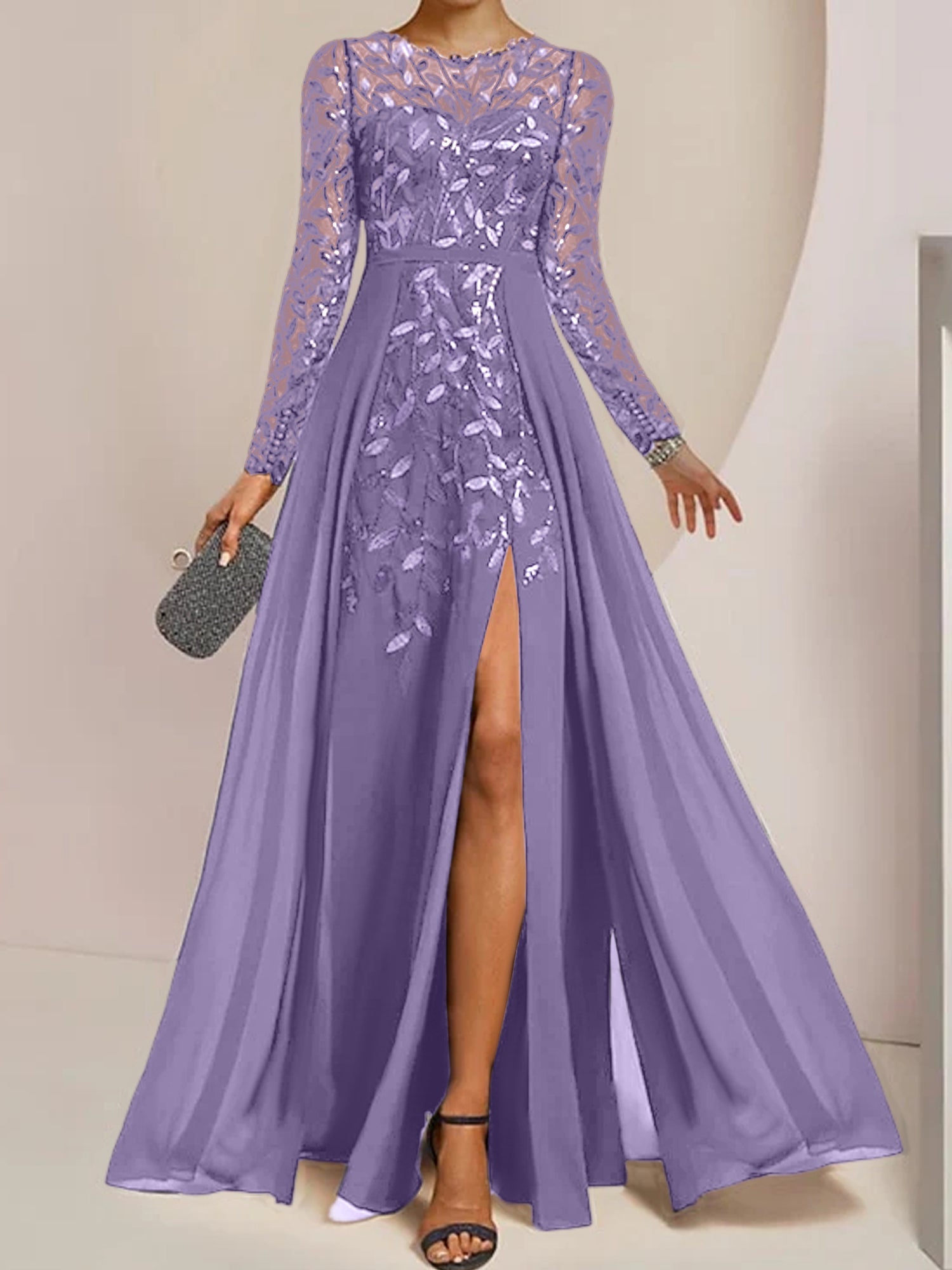 Floor-Length Mother of the Bride A-Line Dress with Scoop Neck Long Sleeves Side Split Ruffles and Sequins