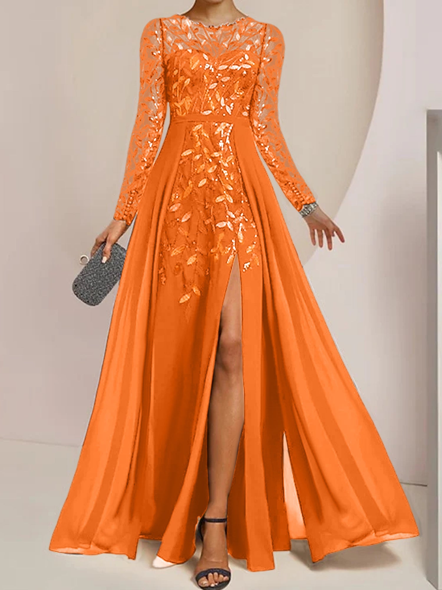 Floor-Length Mother of the Bride A-Line Dress with Scoop Neck Long Sleeves Side Split Ruffles and Sequins