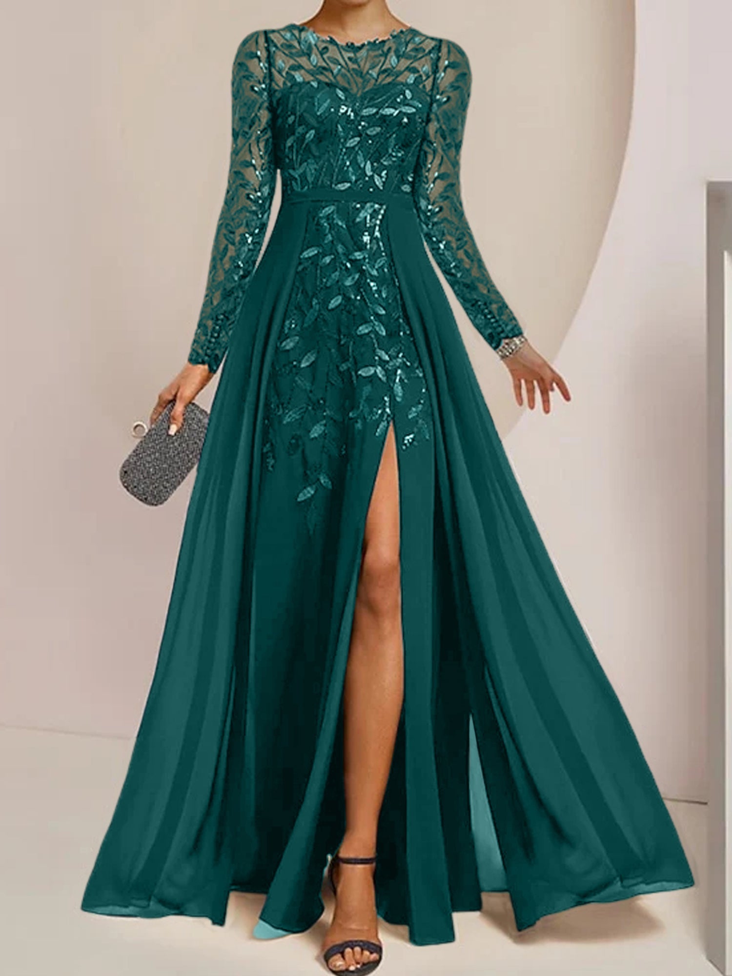 Floor-Length Mother of the Bride A-Line Dress with Scoop Neck Long Sleeves Side Split Ruffles and Sequins