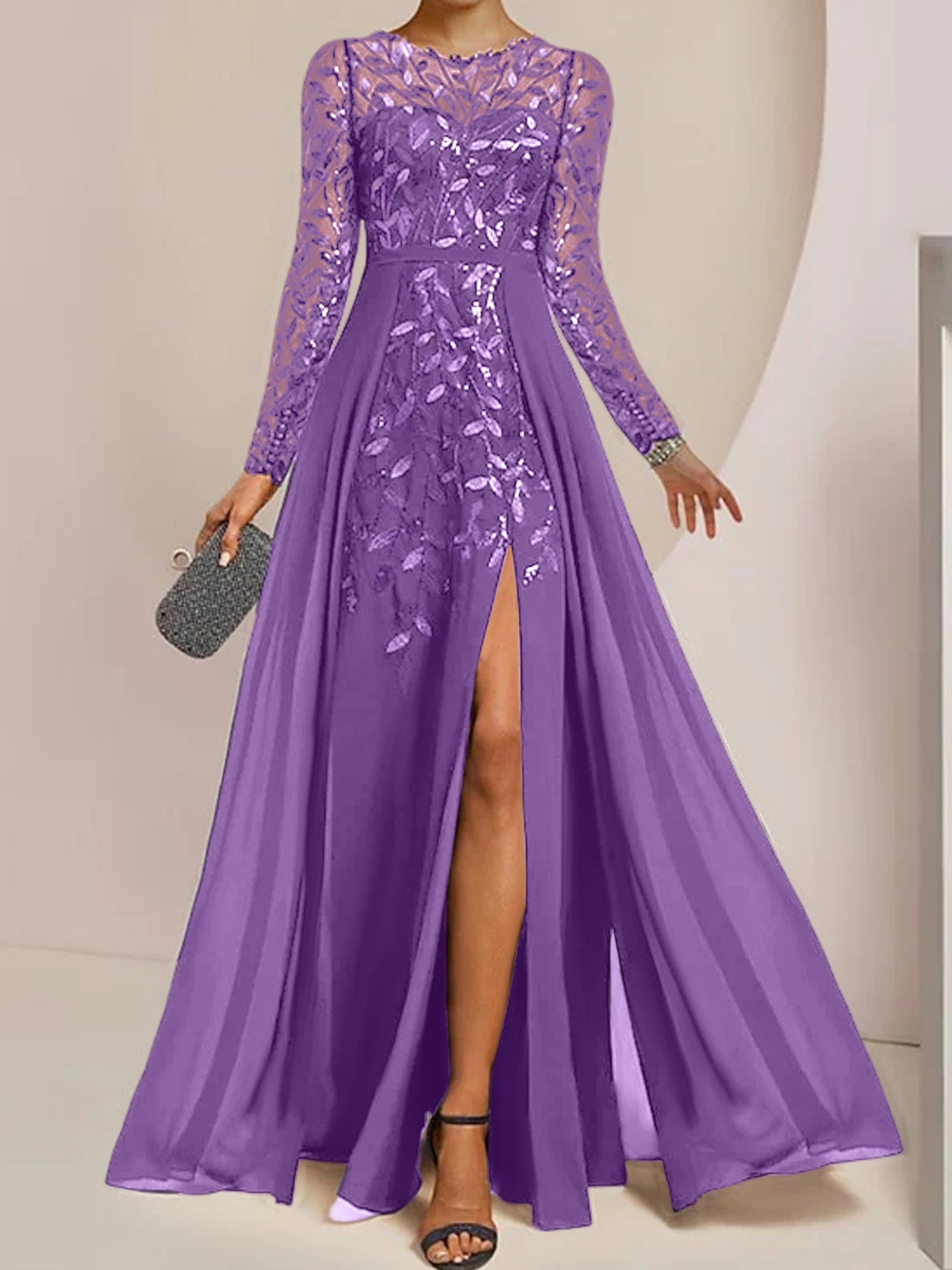 Floor-Length Mother of the Bride A-Line Dress with Scoop Neck Long Sleeves Side Split Ruffles and Sequins