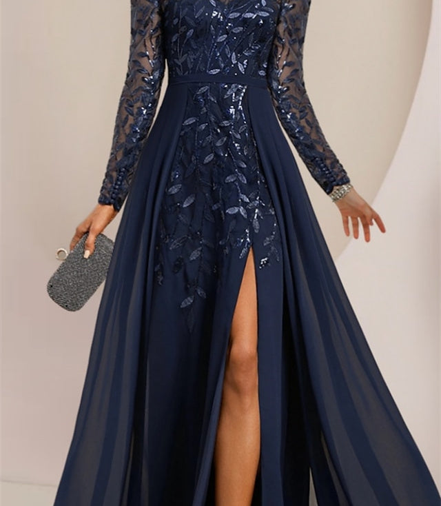 Floor-Length Mother of the Bride A-Line Dress with Scoop Neck Long Sleeves Side Split Ruffles and Sequins