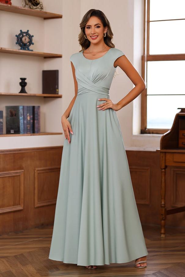 Floor-Length Mother of the Bride A-Line Dress with Scoop Neck and Ruffled Short Sleeves