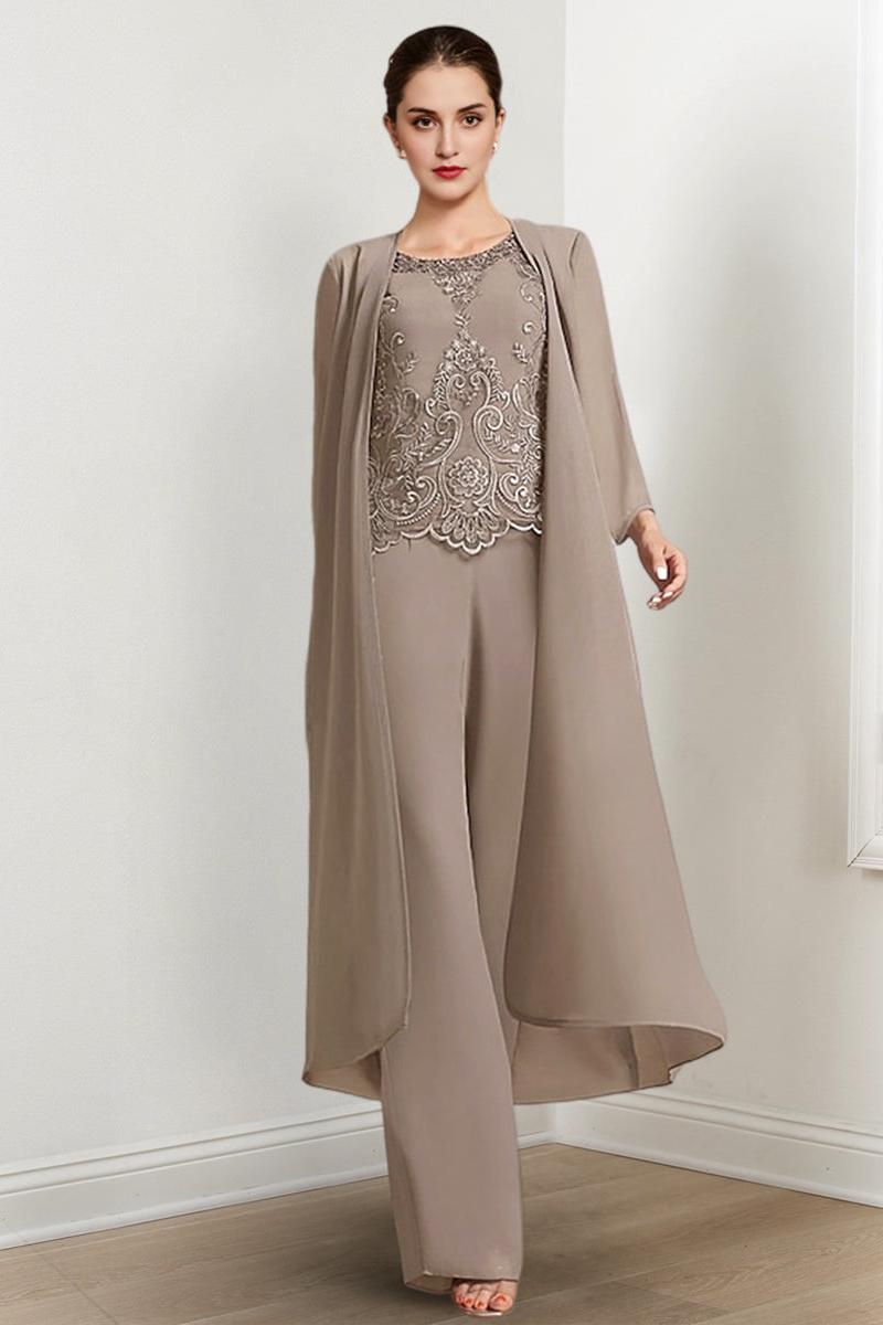 Floor-Length Round Neck Chiffon Pantsuits For The Mother Of The Bride With Jacket And Applique