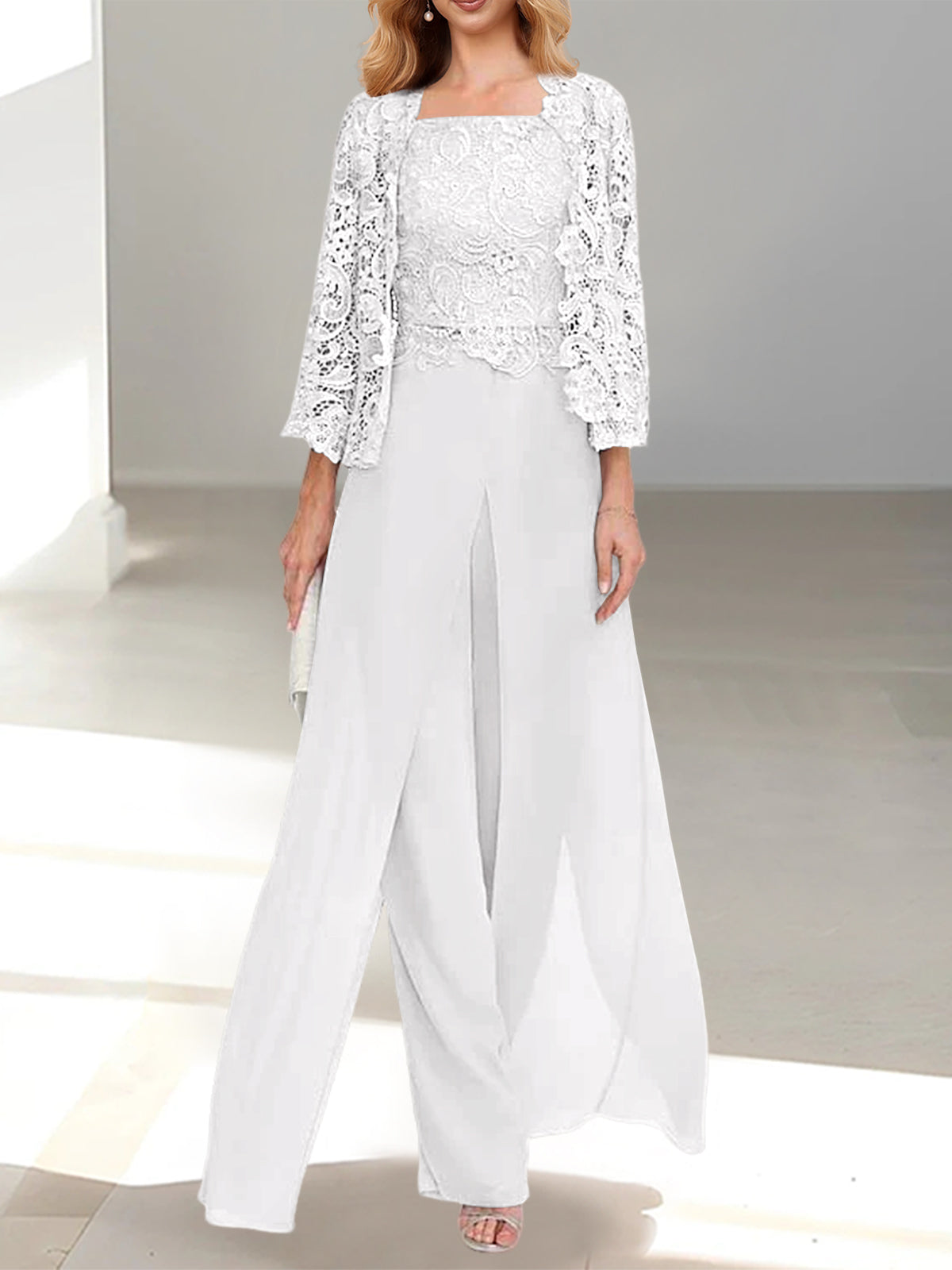 Floor-Length Square Neck Chiffon Mother of the Bride Pantsuit with Jacket & Side Split