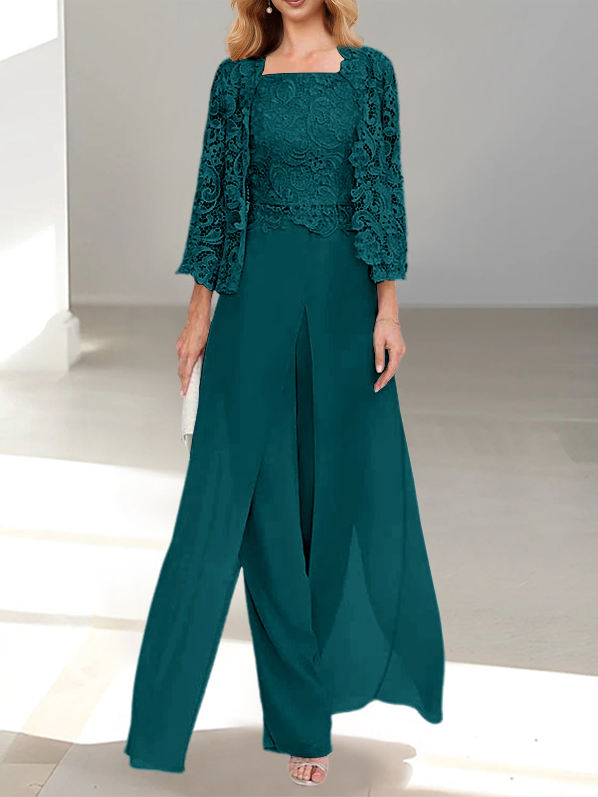 Floor-Length Square Neck Chiffon Mother of the Bride Pantsuit with Jacket & Side Split
