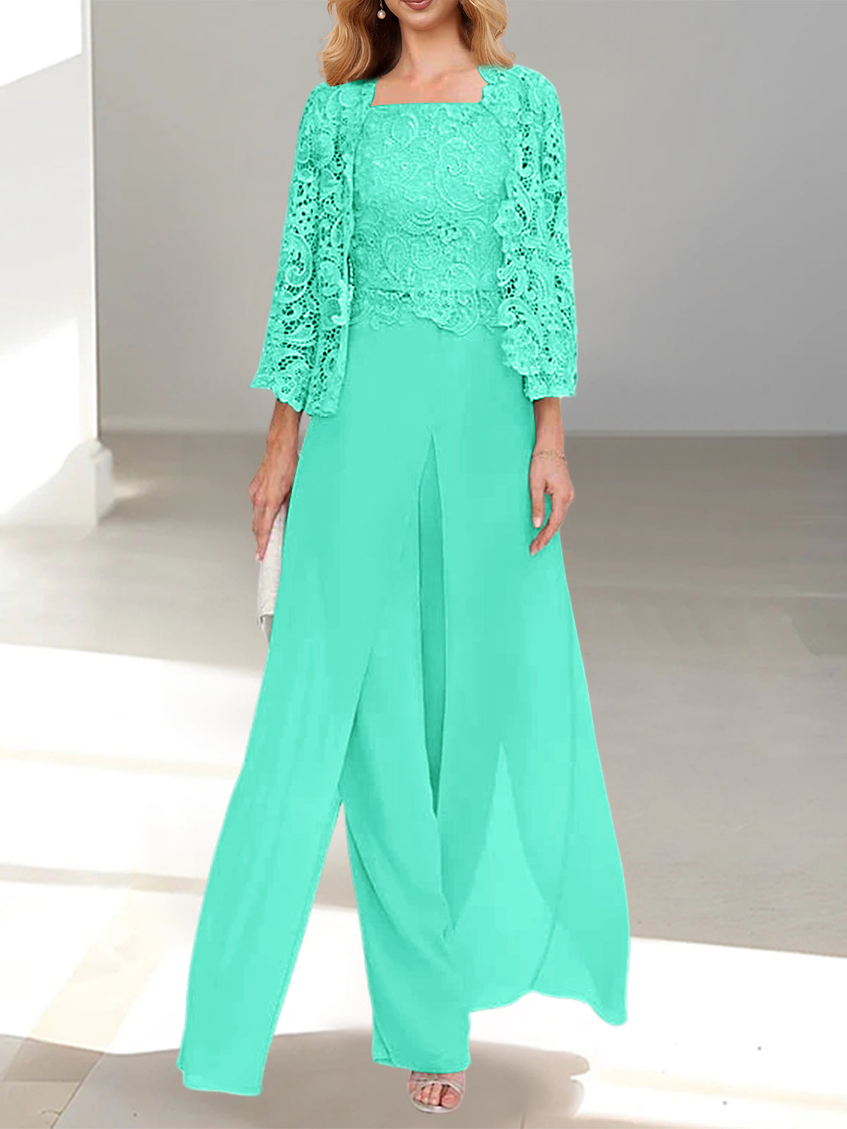 Floor-Length Square Neck Chiffon Mother of the Bride Pantsuit with Jacket & Side Split