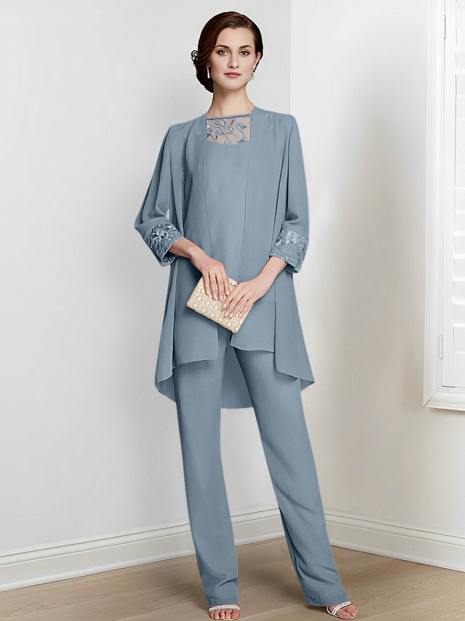 Floor-Length Square Neck Chiffon Pantsuit With Long Sleeves and Jacket for the Mother of the Bride