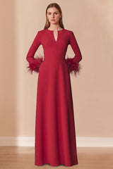 Floor-Length V-Neck A-Line Mother of the Bride Dress with Long Sleeves and Feathers