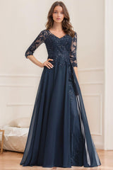 Floor-Length V-Neck A-Line Princess Mother of the Bride Dresses with Half Sleeves and Sequins