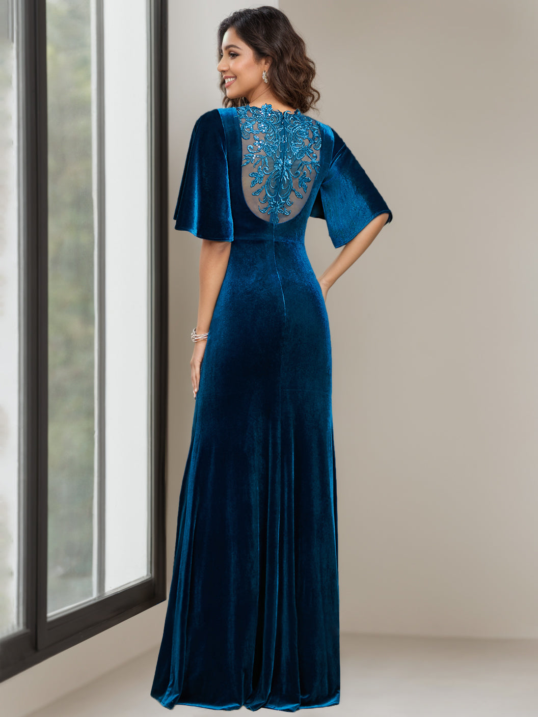 Floor-Length Velvet Mother of the Bride Dress with Scoop Neck Half Sleeves and Beaded Appliques & Sequins