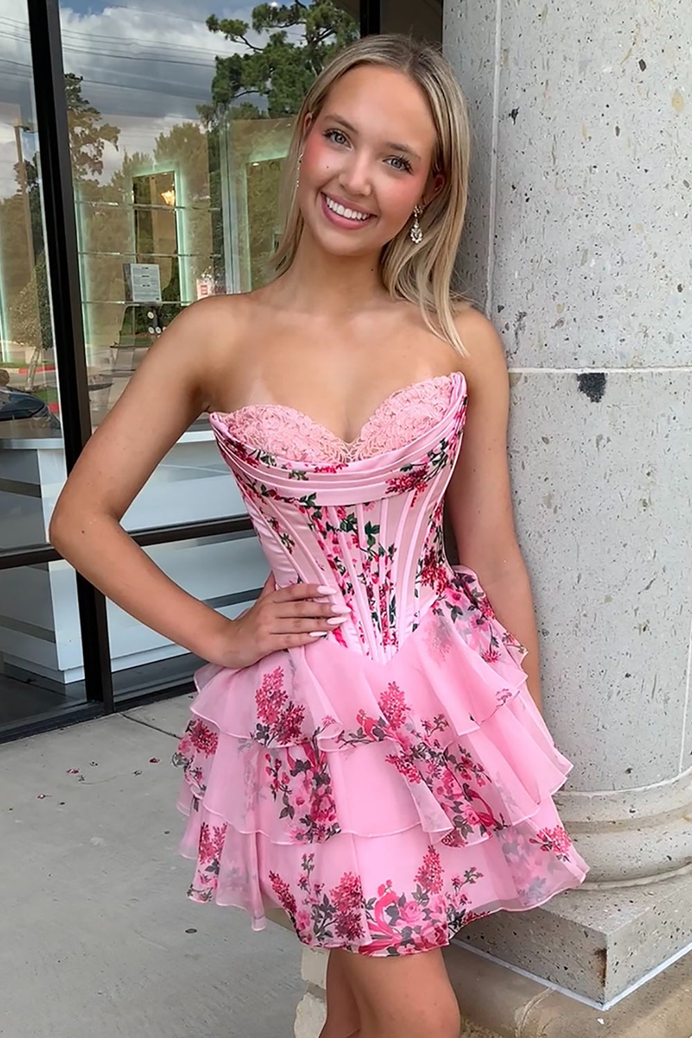 Floral Blue Corset A Line Homecoming Dresses Short Cocktail Dresses With Ruffles