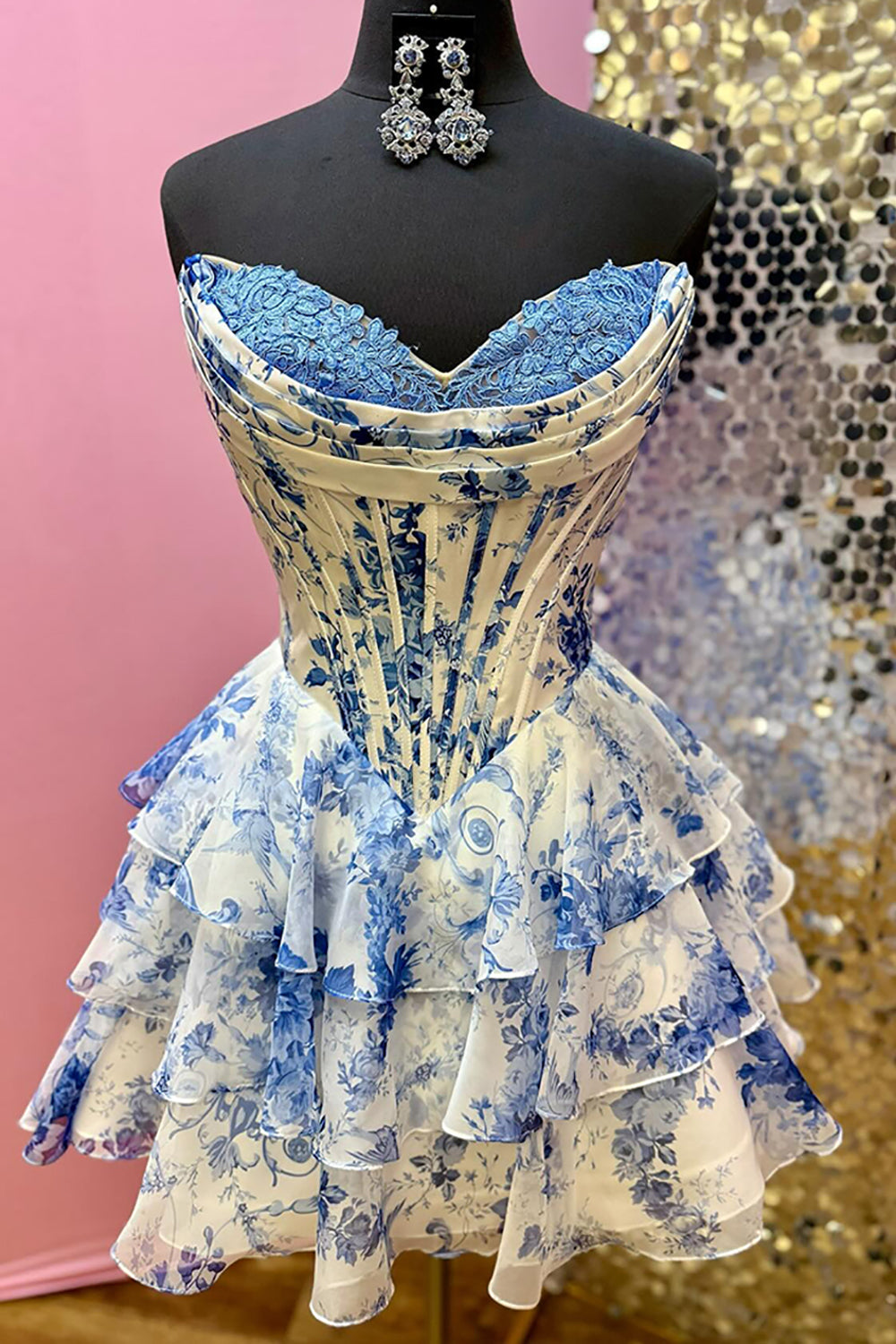 Floral Blue Corset A Line Homecoming Dresses Short Cocktail Dresses With Ruffles