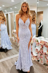 Dressystars Floral Lavender Lace Spaghetti Straps Lace Up Prom Gown With Slit Formal Evening Gown