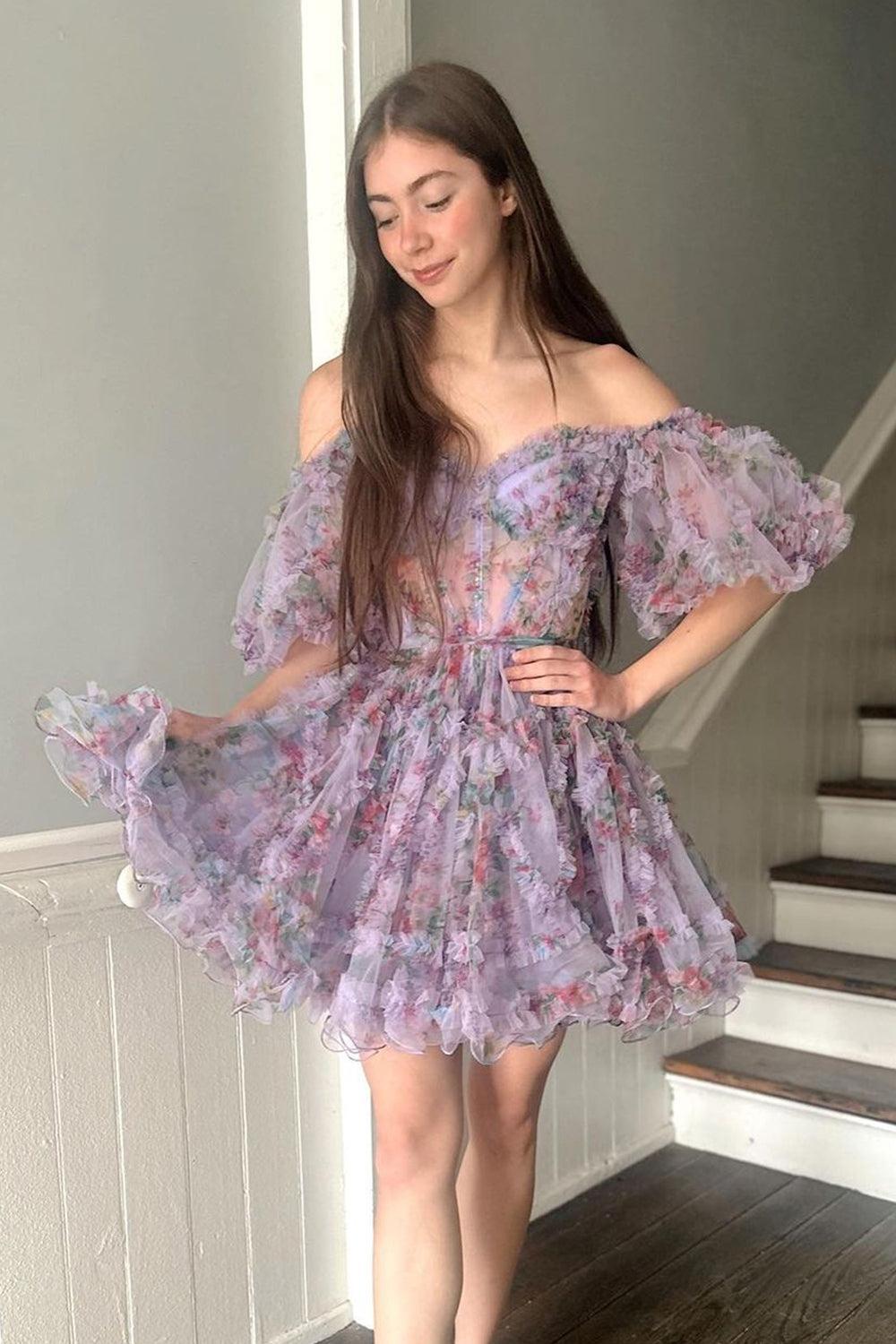 Floral Off-the-Shoulder A-Line Printed Short Homecoming Dress