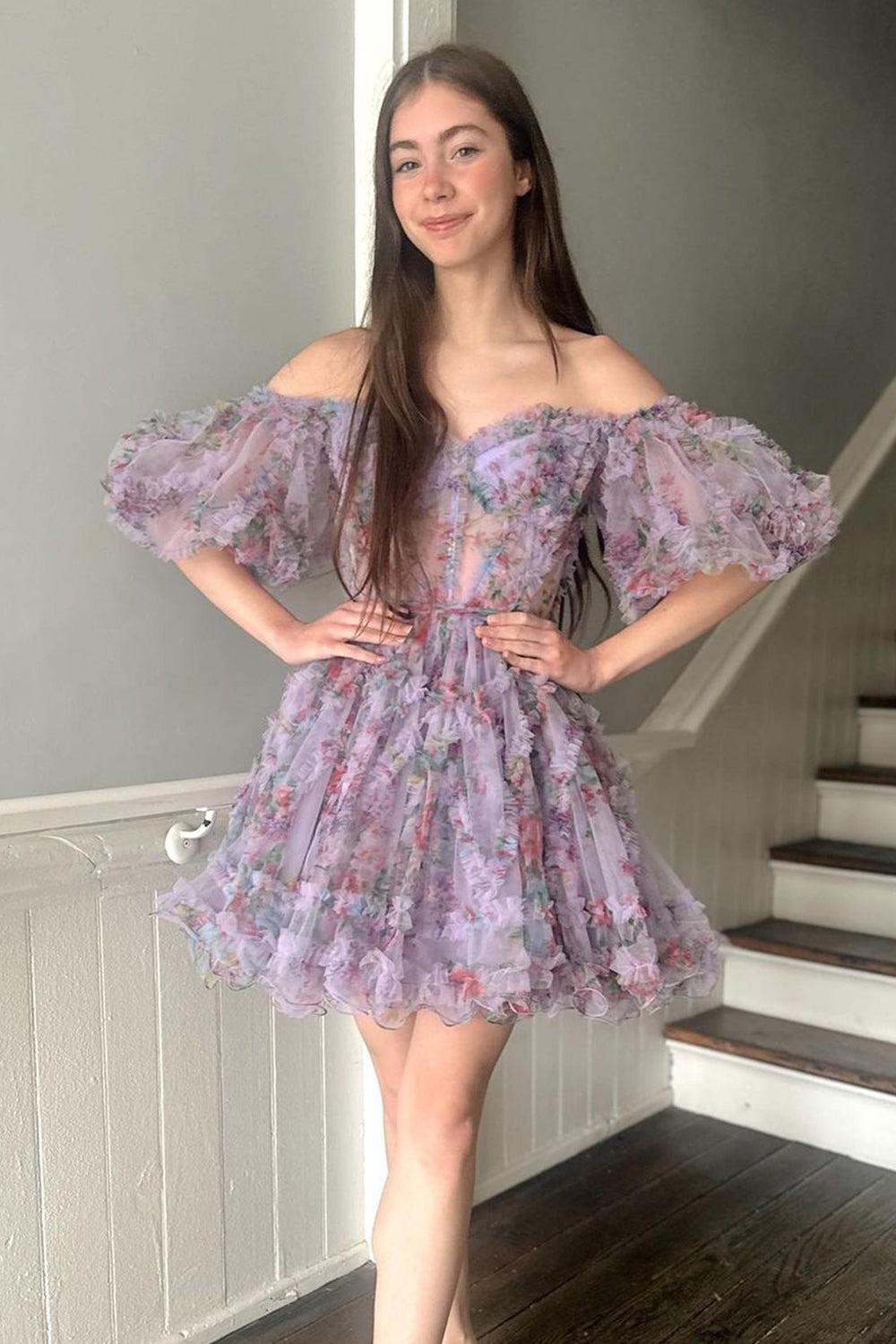 Floral Off-the-Shoulder A-Line Printed Short Homecoming Dress