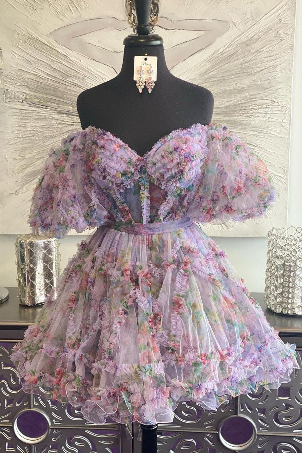 Floral Off-the-Shoulder A-Line Printed Short Homecoming Dress