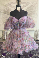Floral Off-the-Shoulder A-Line Printed Short Homecoming Dress