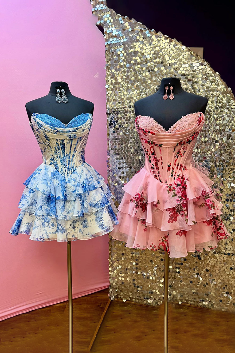Floral Pink Corset A Line Homecoming Dresses Short Cocktail Dresses With Ruffles