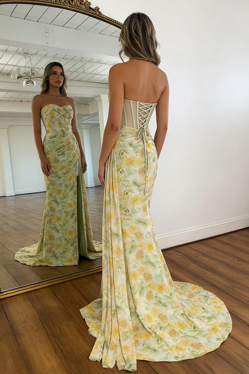Floral Print Glitter Sweetheart Lace Up Prom Dress With Corset Bodice And High Slit Formal Evening Gown