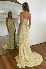 Floral Print Glitter Sweetheart Lace Up Prom Dress With Corset Bodice And High Slit Formal Evening Gown