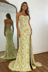 Floral Print Glitter Sweetheart Lace Up Prom Dress With Corset Bodice And High Slit Formal Evening Gown