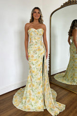 Floral Print Glitter Sweetheart Lace Up Prom Dress With Corset Bodice And High Slit Formal Evening Gown