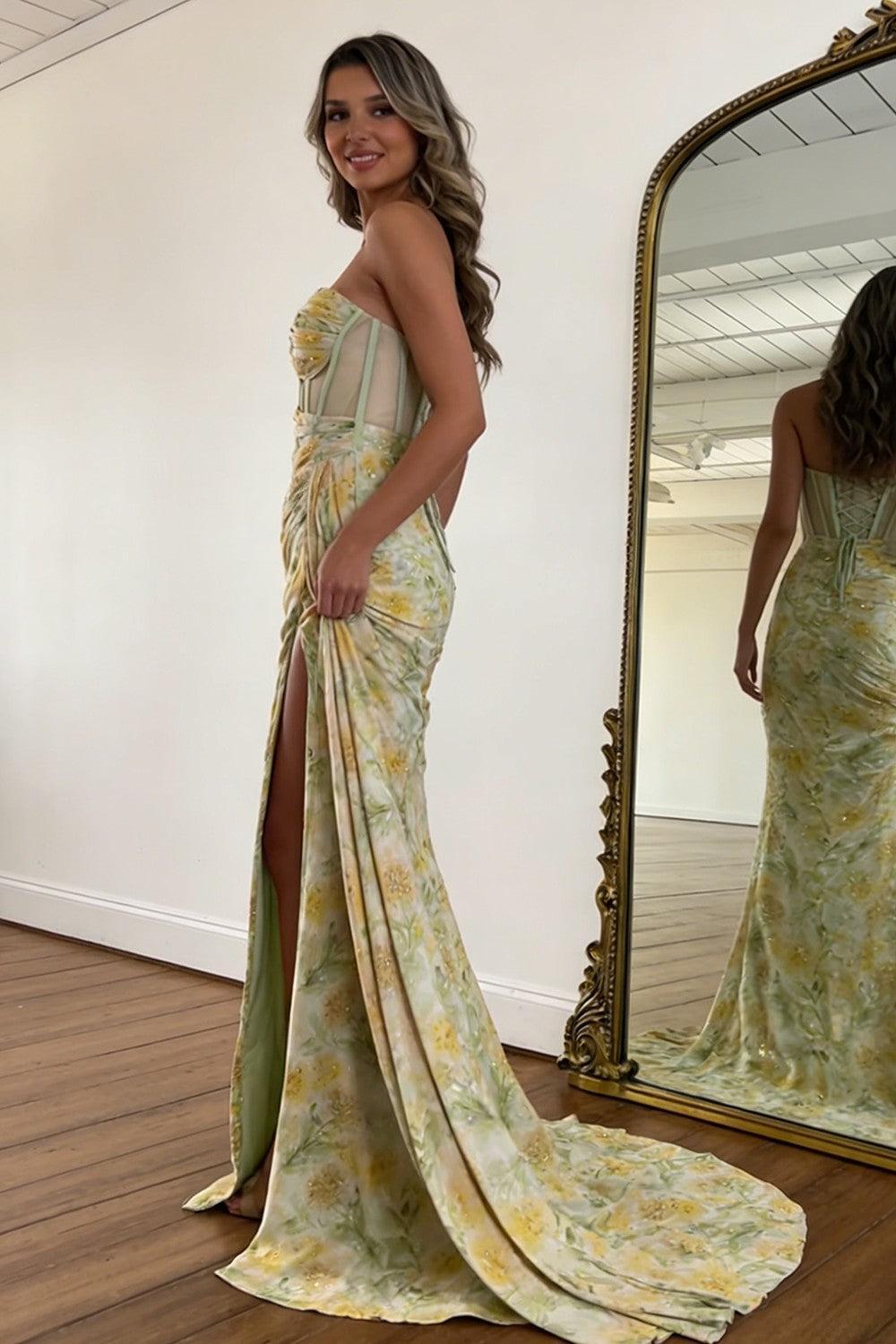 Floral Print Glitter Sweetheart Lace Up Prom Dress With Corset Bodice And High Slit Formal Evening Gown