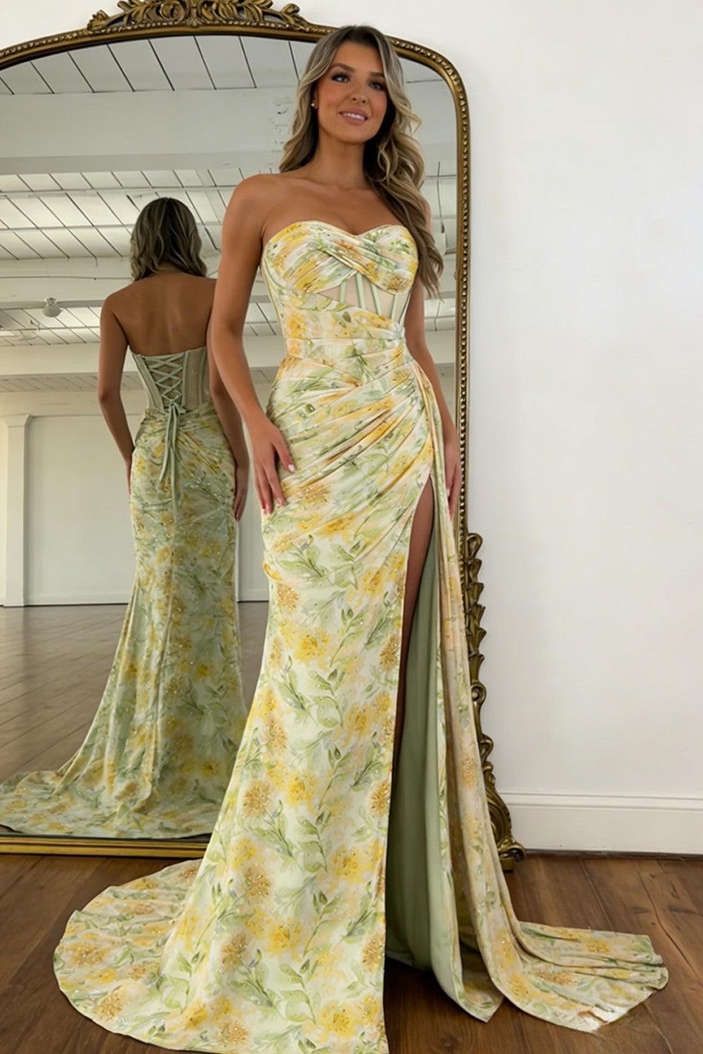 Floral Print Glitter Sweetheart Lace Up Prom Dress With Corset Bodice And High Slit Formal Evening Gown