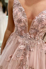 Floral Prom Dress Lace Plunge V Backless A Line Evening Dress