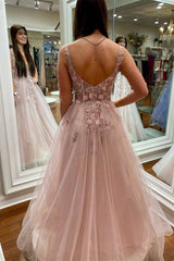 Floral Prom Dress Lace Plunge V Backless A Line Evening Dress