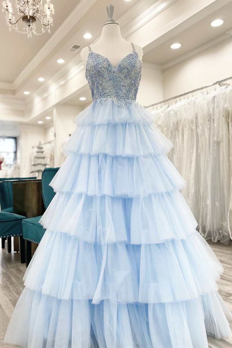 Floral Prom Dress Lace V Neck Multi Tiered A Line Evening Dress