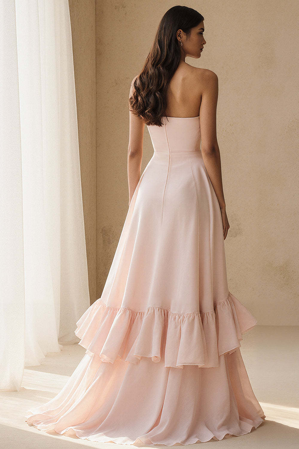 Dressystars Flowy Light Pink A Line Strapless Ruffled Long Prom Dress