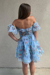 Fluffy Blue Homecoming Dress Corset Off The Shoulder A-Line Short Prom Dress