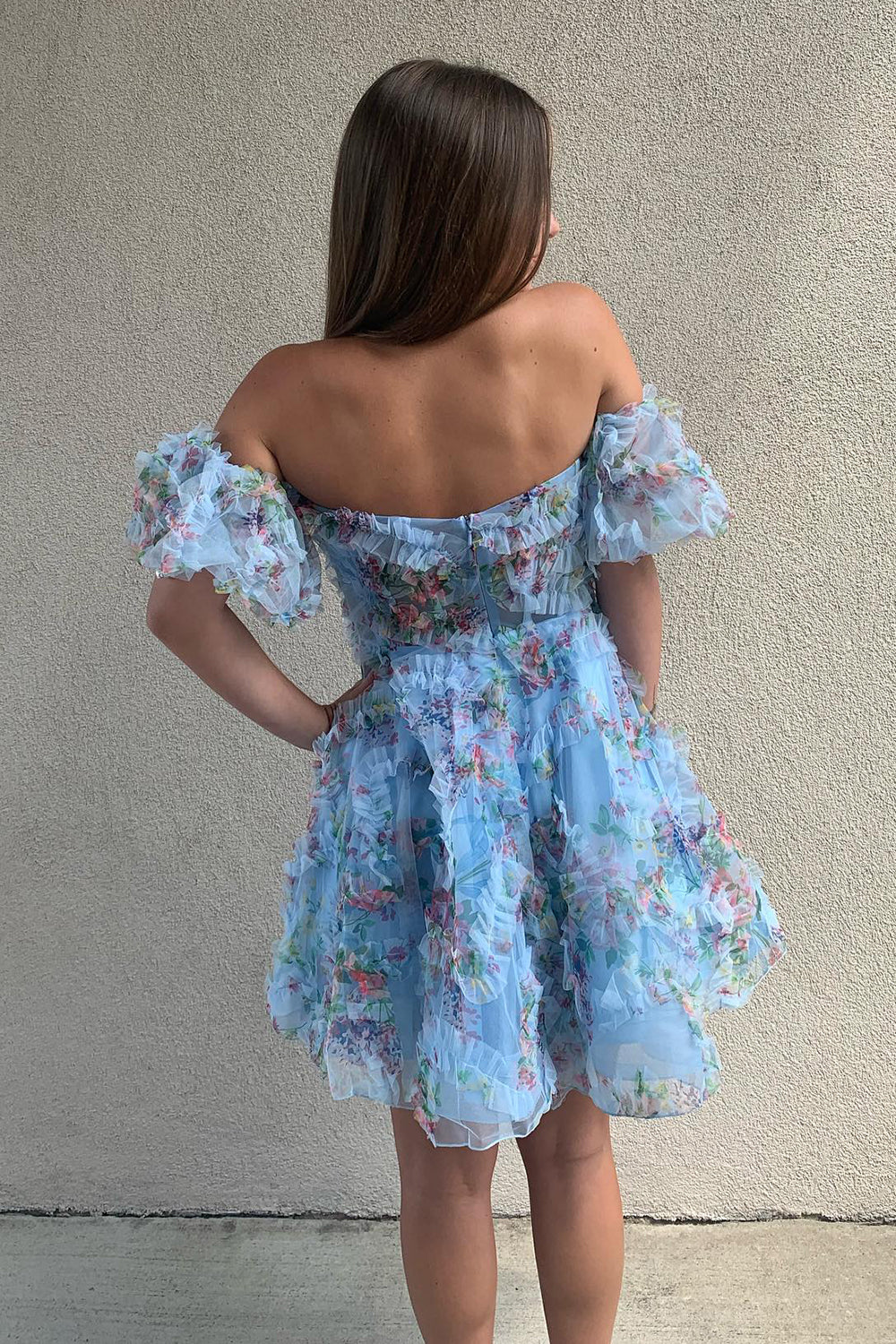 Fluffy Blue Homecoming Dresses Corset Off The Shoulder A-Line Short Cocktail Dresses